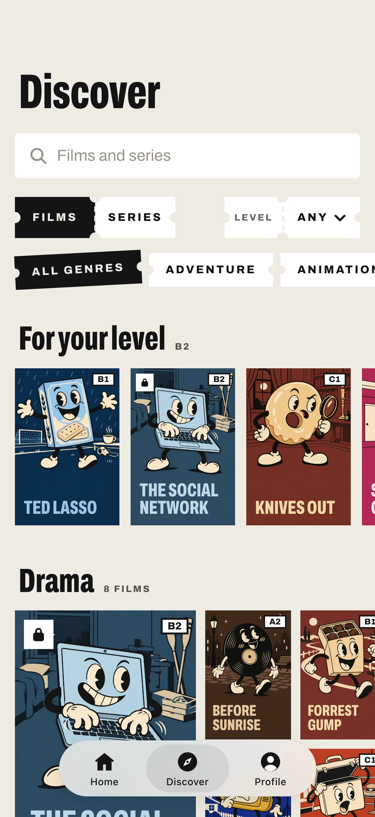 The Discover tab: films for a B2 learner and a shelf of dramas