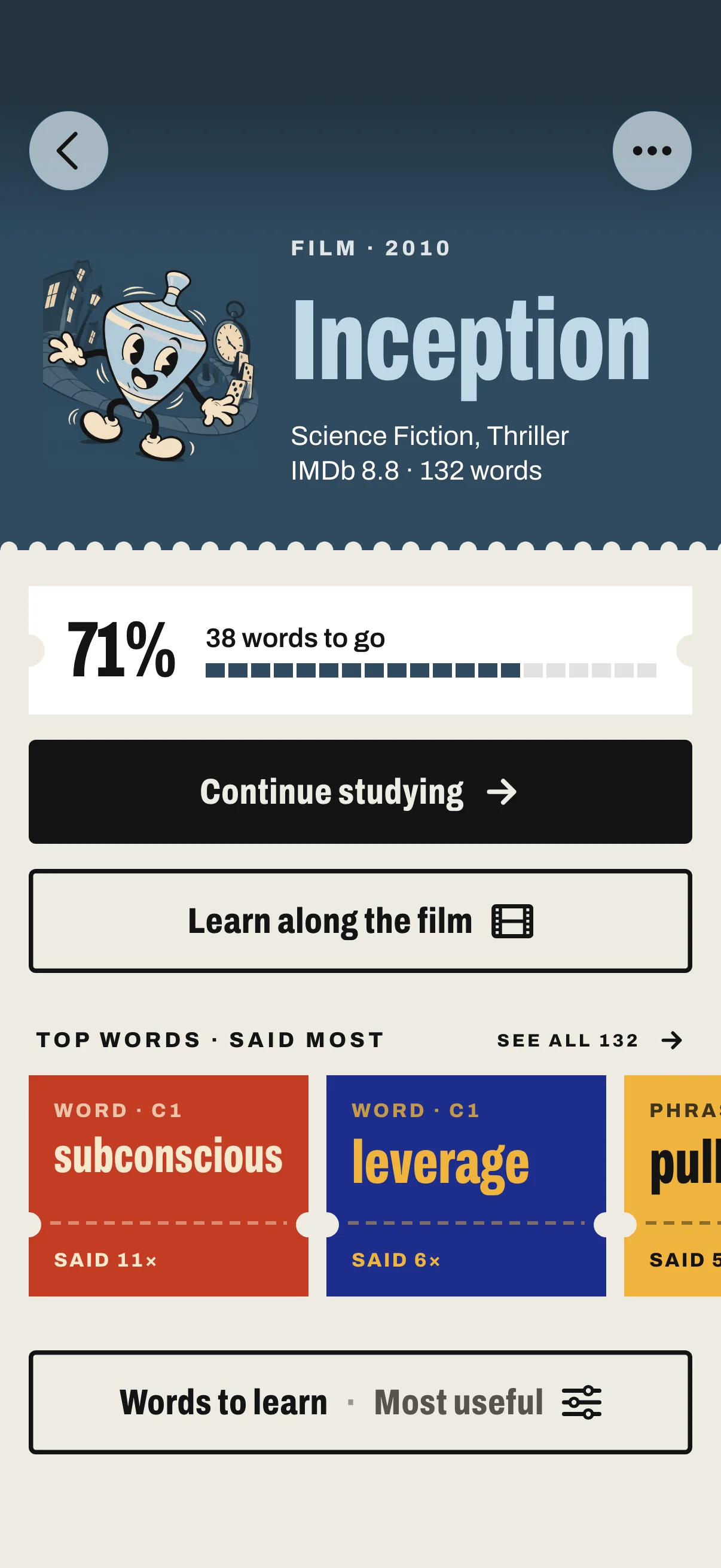 Inception’s page: 71% ready with 38 words to go, and its most-said words
