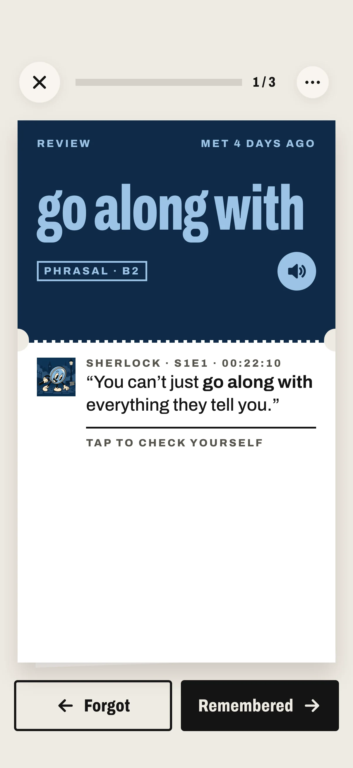 A review card for “go along with”, met four days ago in Sherlock