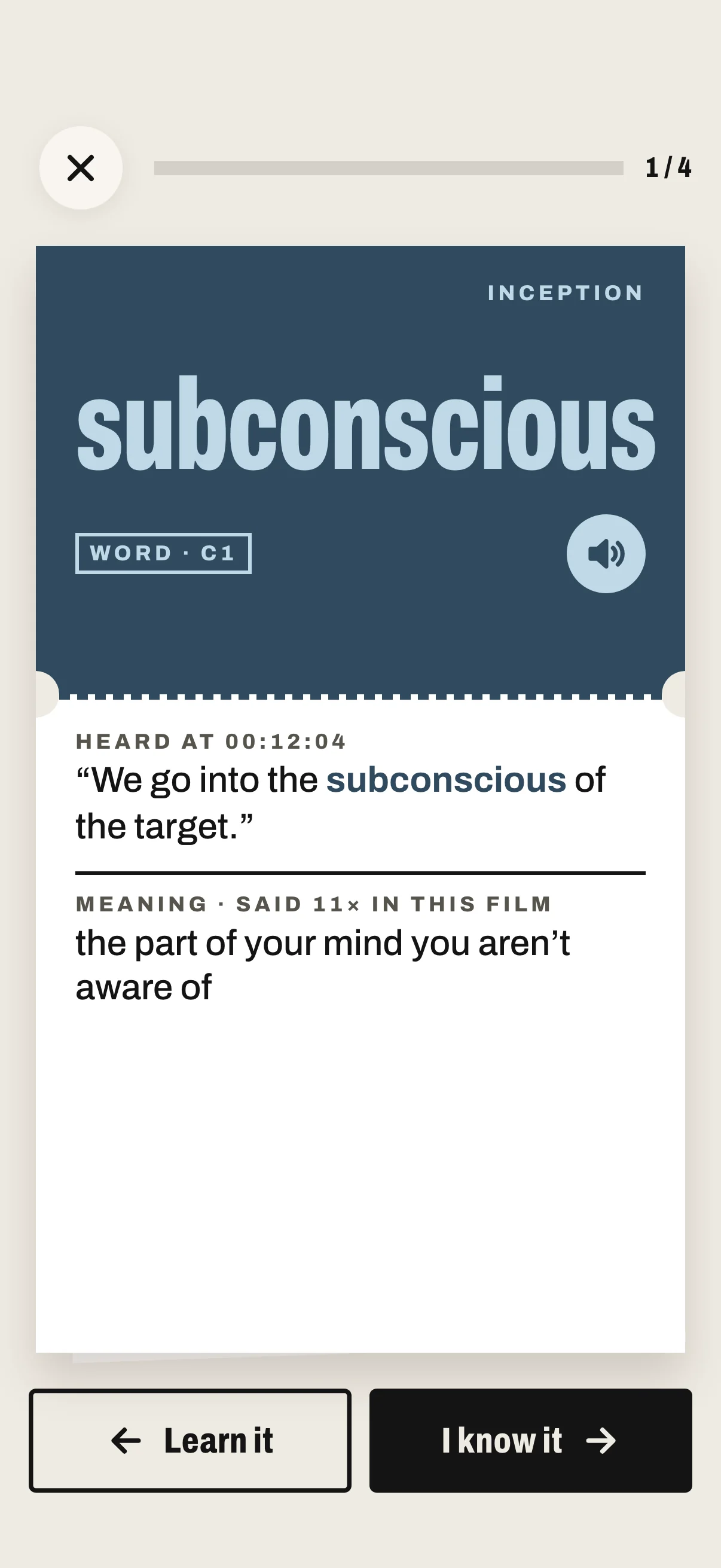 A study card for “subconscious”, with the line it’s said in and its meaning