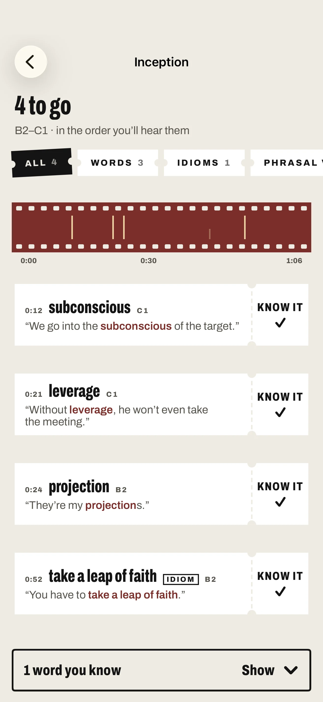 Inception’s word list: four words to go, in the order they’re heard, each with its line